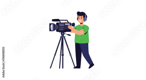 A smiling male videographer in a green shirt and headphones operates a video camera on a tripod on a white background.