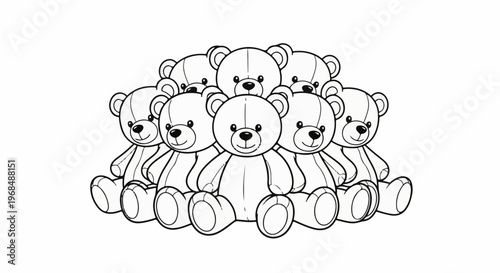 A cluster of cute, cartoonish teddy bears are arranged in a layered pyramid