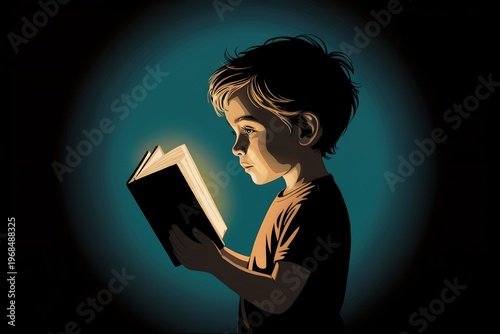 A young boy reading a book with a glowing light in a dark room