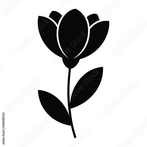 A simple black floral illustration depicts a blossoming flower with delicate petals silhouette