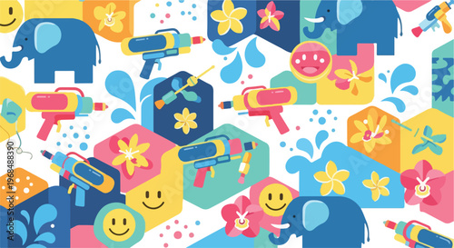 Colorful illustration featuring elephants, water guns, flowers, and smiley faces