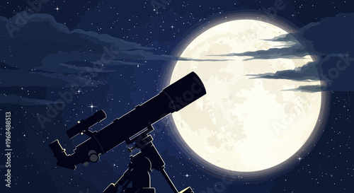 Telescope silhouette against a giant full moon in a starry night sky