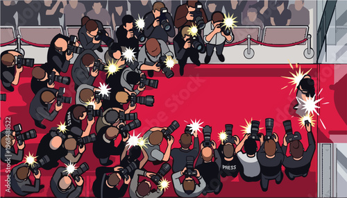 Top view of paparazzi and photographers with cameras taking photos of a celebrity on the red carpet event. Press media at a movie premiere or awards ceremony with bright camera flashes.