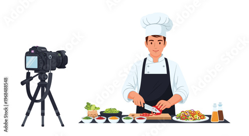 A male chef in a toque and apron dices red bell peppers while being filmed by a camera on a tripod.