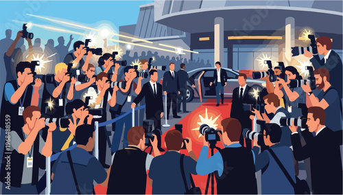 Crowd of paparazzi photographers taking photos of a celebrity arriving at a red carpet event. Professional photographers with cameras and flashes capturing a famous person stepping out of a car.