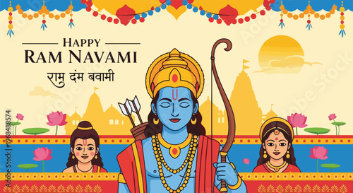Colorful illustration for Ram Navami celebration, showing deities and symbols