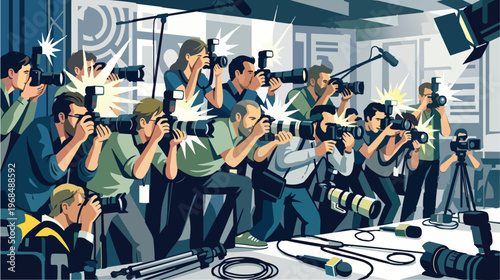 Group of Press Photographers and Journalists Capturing News Event with Cameras and Microphones Illustration