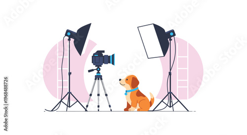 A small brown and white puppy with a blue collar sits between a video camera and two studio lights against a light purple background.