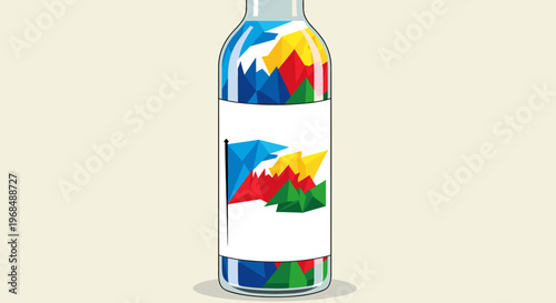 A clear glass bottle filled with colorful geometric shapes resembling abstract mountains, featuring a white label with similar designs.