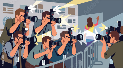 Crowd of press photographers and paparazzi with professional cameras and bright flashes aiming at a celebrity waving in the background. Flat vector illustration of a media event.
