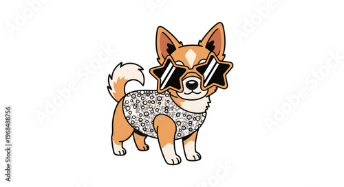 A cartoon corgi dog wears star-shaped sunglasses and a sparkly silver top against a plain white background.
