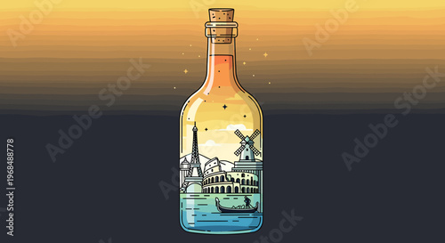 A whimsical illustration of European travel landmarks encapsulated within a glass bottle, featuring the Eiffel Tower, a windmill, and a gondola on water under a sunset sky.