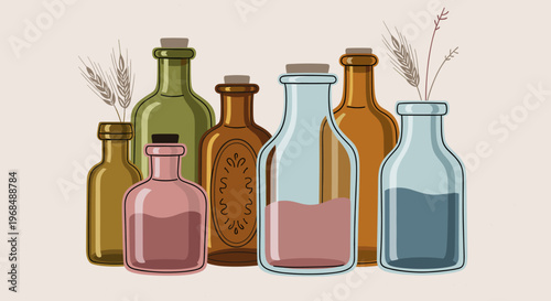 An illustration of a collection of vintage-style glass bottles in various colors and shapes, some containing liquids and decorated with wheat stalks.