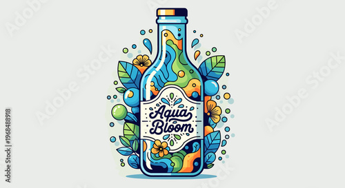 A vibrant illustration of a glass bottle filled with swirling blue and green liquid, adorned with blooming flowers and leaves, symbolizing natural refreshment.