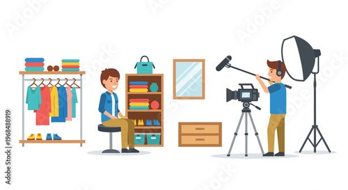 A man is filmed by a cameraman in a room with a clothes rack and shelves.