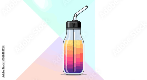 A clear glass bottle filled with a layered colorful beverage and a silver straw inserted through the black lid.