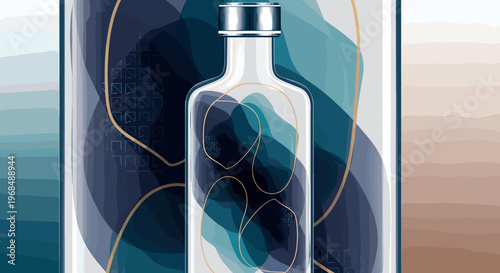 Abstract illustration of a clear glass bottle with blue and gold abstract shapes inside, set against a backdrop of layered abstract colors.