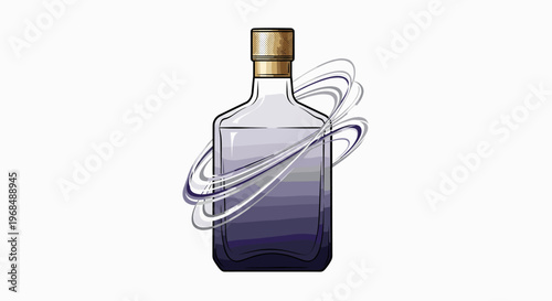 A stylized illustration of a clear glass bottle with a golden cap, containing a dark purple liquid, with swirling grey wisps around it.