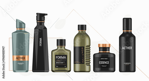 A collection of six modern, minimalist perfume bottles with elegant branding and sophisticated designs.