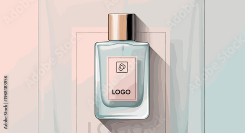 A minimalist illustration of a clear glass perfume bottle with a rose gold cap and a pink label featuring a logo.