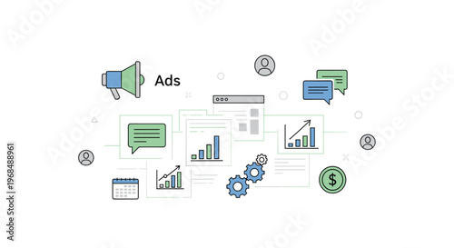 Various marketing and advertising icons with charts are scattered across a white background.