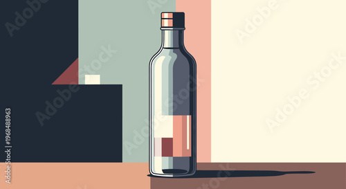 A minimalist illustration of a clear glass bottle with a copper cap, set against a backdrop of abstract geometric shapes and muted colors.