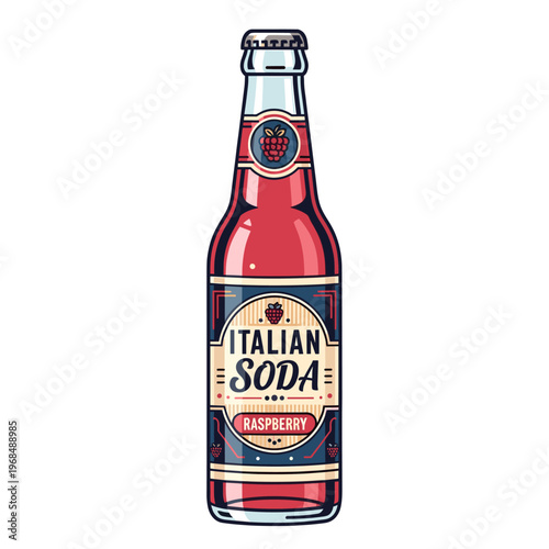A vintage-style bottle of Italian raspberry soda, featuring a classic label with bold typography and decorative elements.