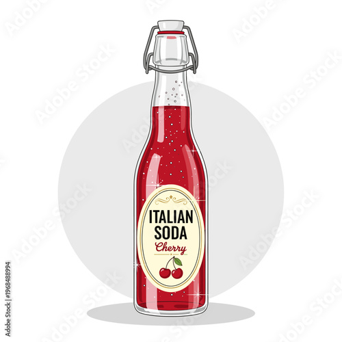 A vibrant red cherry Italian soda in a clear glass swing-top bottle with a decorative label, set against a simple light background.