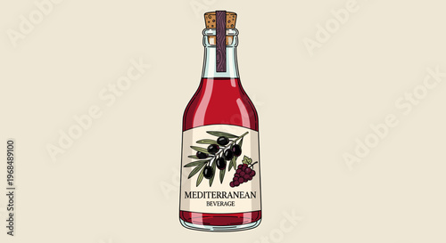 Vibrant illustration of a Mediterranean beverage bottle featuring an olive branch and grapes on its label, filled with red liquid and sealed with a cork.