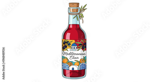 Illustration of a Mediterranean elixir bottle with red liquid, cork, olive branch, and a label featuring olives, oranges, and a blue-domed building.