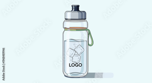 Clear plastic water bottle with ice cubes and water, featuring a grey lid and a green carrying loop, on a light background with a logo placeholder.