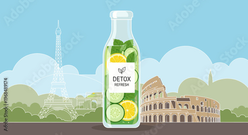 A bottle of refreshing detox water with cucumber, lemon, and mint, set against a backdrop of European travel landmarks like the Eiffel Tower and Colosseum.