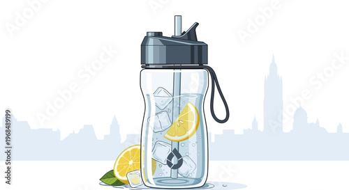 A clear water bottle with a dark grey lid, straw, ice, and lemon slices, set against a subtle city skyline background.