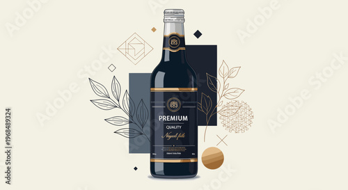 A premium dark bottle with a silver cap and gold label accents, surrounded by elegant abstract gold and dark blue geometric shapes and botanical line art.