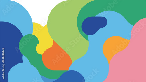 Colorful, layered, abstract shapes in shades of blue, green, and orange