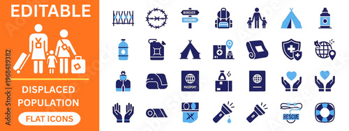 Displaced population and refugee assistance flat icons set. Humanitarian aid, border crossing, passport, tent, family, rescue, water, flashlight