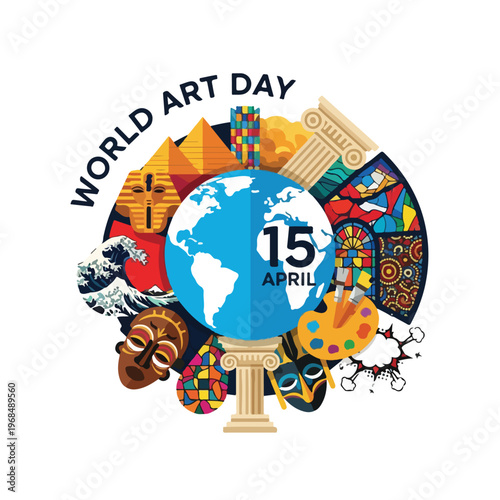 Colorful illustration for World Art Day featuring global art symbols