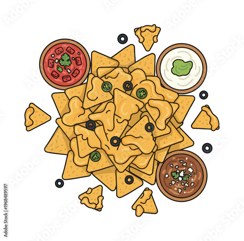 Appetizer dish of nachos with various toppings and dipping sauces. Representing Mexican food, snacks, and party concepts