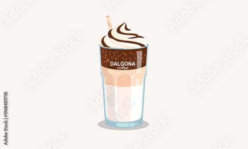 Dalgona Coffee Illustration with Whipped Coffee Cream and Chocolate Syrup.