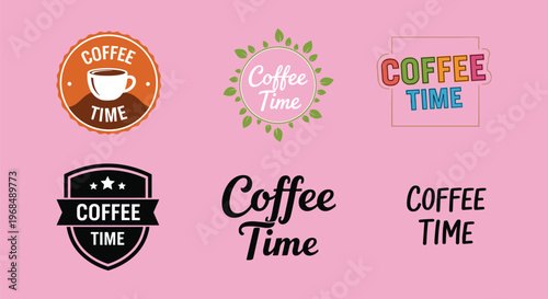 This image displays various colorful and creatively designed coffee themed logos and text graphics on a pink background high quality professional detailed modern