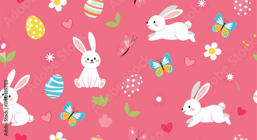 A charming pattern features adorable white rabbits colorful easter eggs delicate flowers and vibrant butterflies on a pink backdrop high quality professional detailed