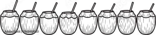 A row of woven baskets with handles hanging from a horizontal line Vector