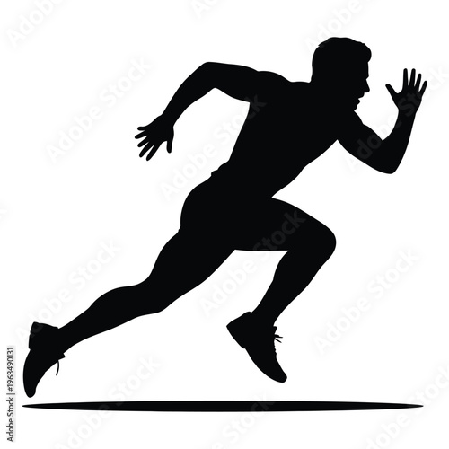 A dynamic illustration of a male runner in full stride captured as a stark silhouette