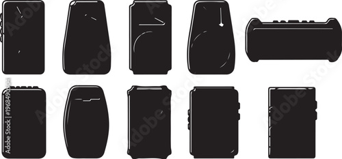 Assorted black backpacks and travel bags with various compartments and designs Vector