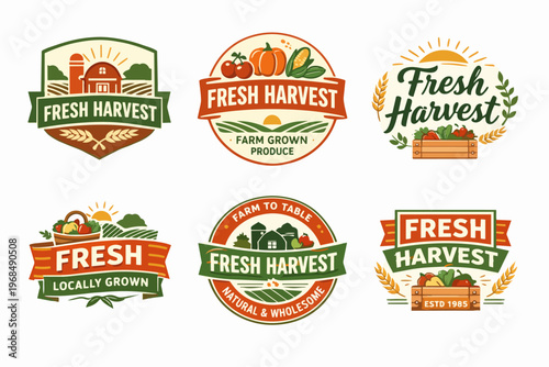 Fresh harvest farm to table logos collection representing local sustainable organic agriculture and healthy food produce