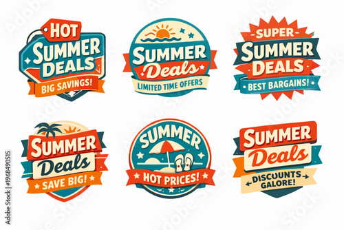 Summer deals badges set promoting seasonal sales and discounts. Retro style design with savings, limited offers, bargains, and hot prices