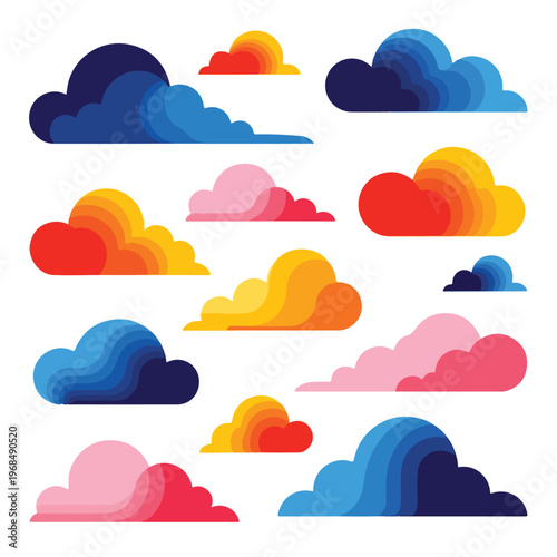 Colorful, layered cloud illustrations against a plain white backdrop