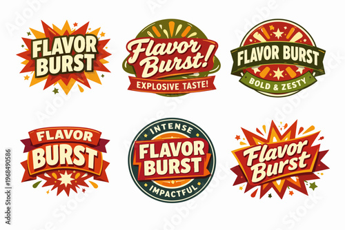 Collection of flavor burst logos and badges for food marketing, featuring comic style typography and explosion graphics