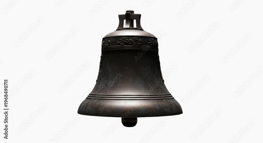 Obraz premium Antique brass bell suspended in serene solitude symbolizing solemnity and tradition in a minimalist