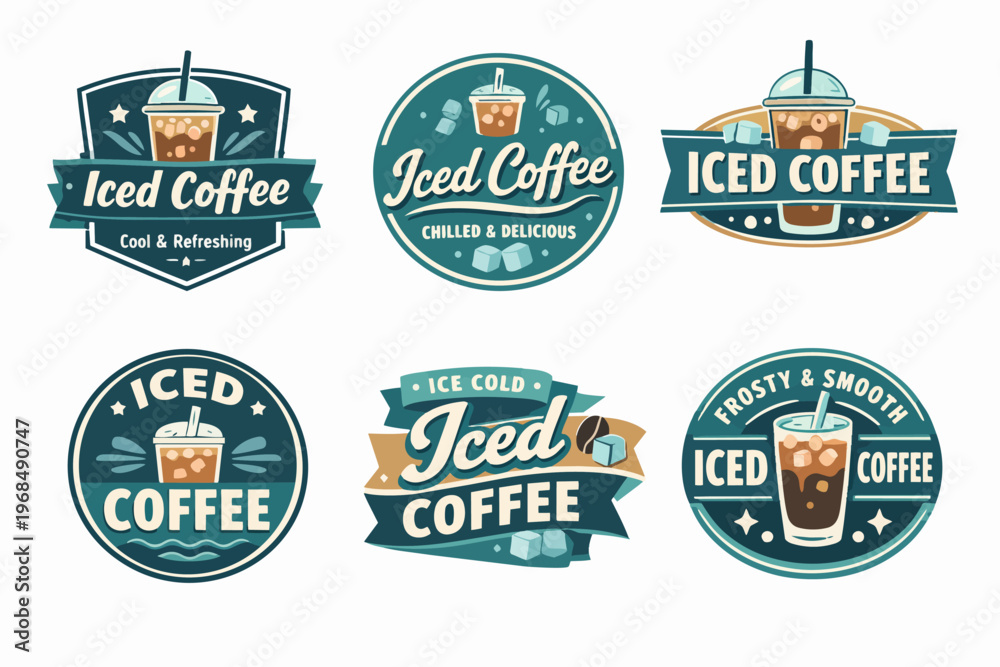 Obraz premium Set of various iced coffee emblems, labels, and badges illustrating cool and refreshing drinks for cafes and menus